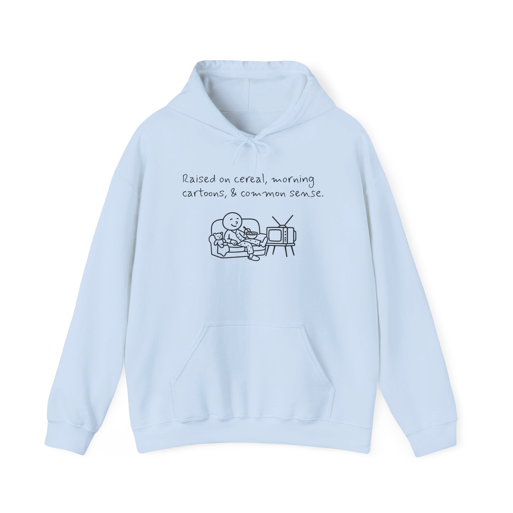 Cartoon & Caption Heavy Blend Hoodie - Raised on Cereal & Morning Cartoons