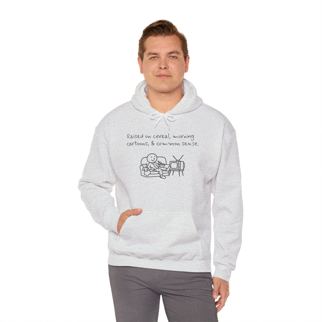 Cartoon & Caption Heavy Blend Hoodie - Raised on Cereal & Morning Cartoons
