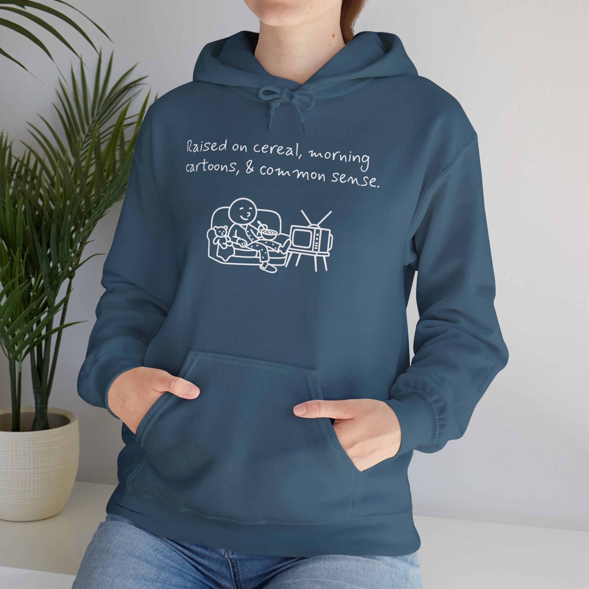 Cartoon & Caption Heavy Blend Hoodie - Raised on Cereal & Morning Cartoons
