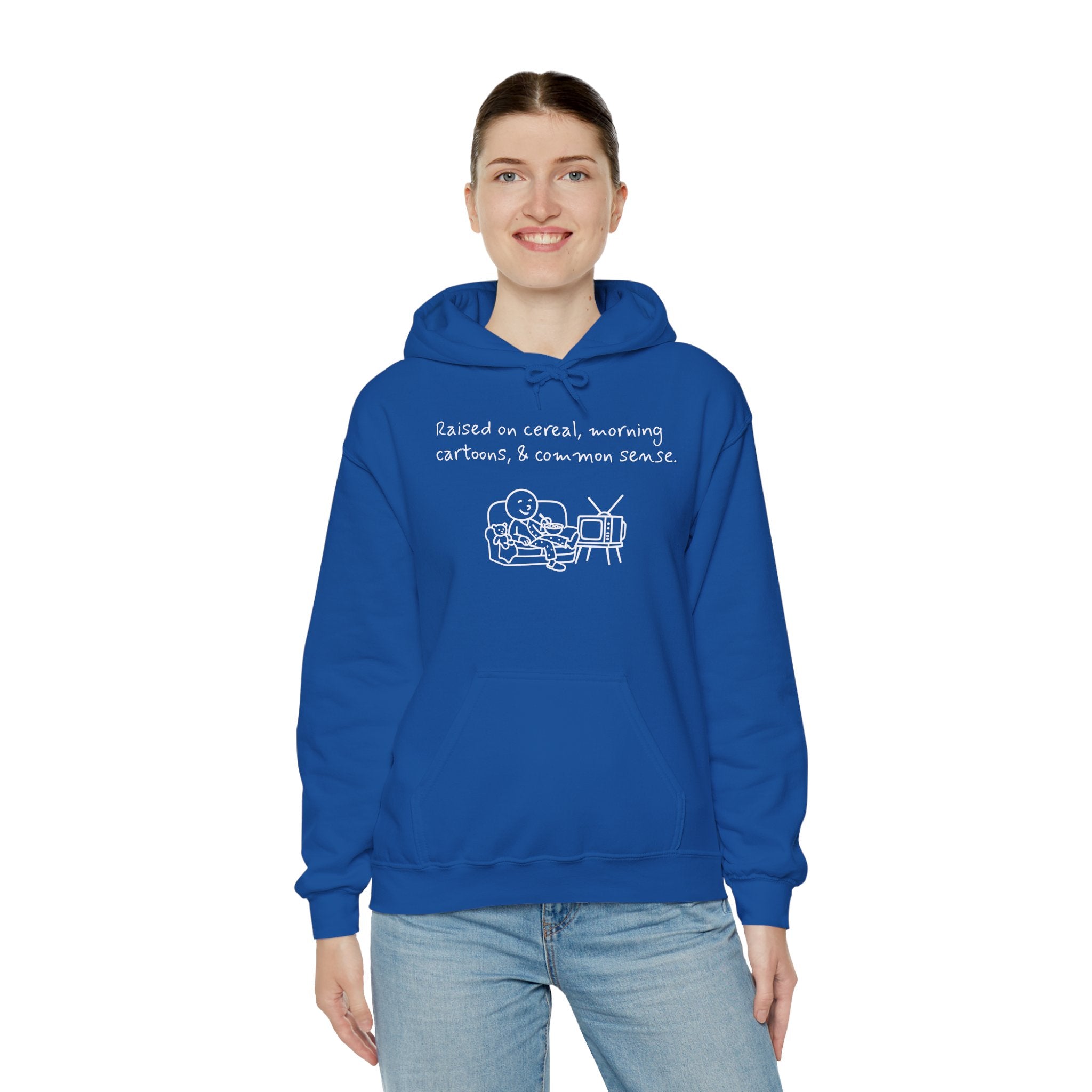 Cartoon & Caption Heavy Blend Hoodie - Raised on Cereal & Morning Cartoons