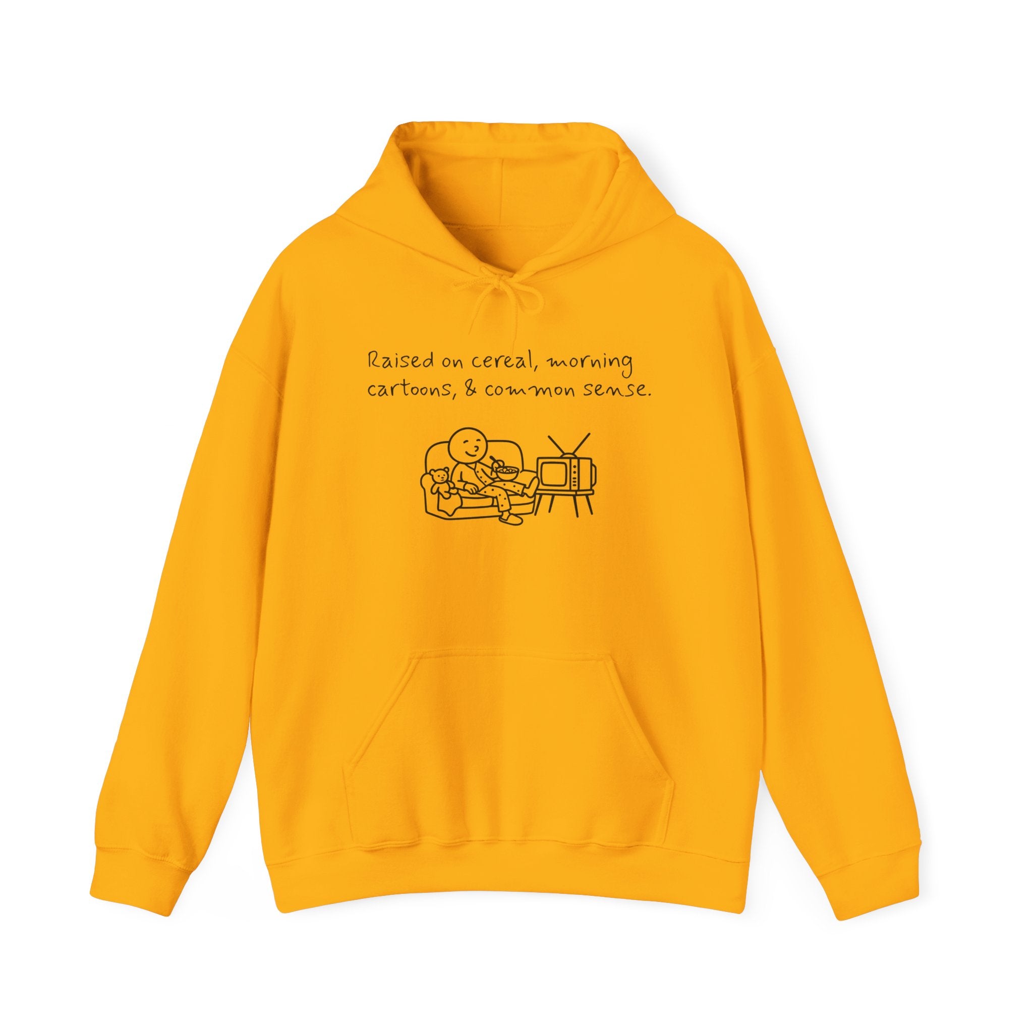 Cartoon & Caption Heavy Blend Hoodie - Raised on Cereal & Morning Cartoons