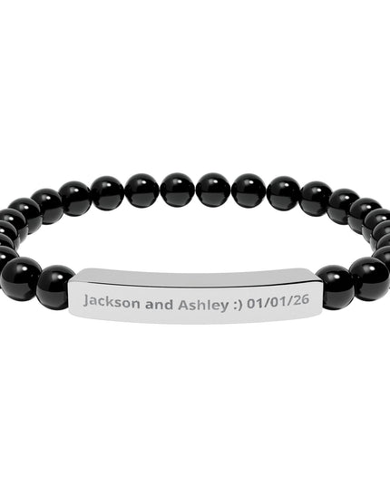 Engraved Natural Stone Stretch Bar Bracelet — Personalized Beaded Bracelet for Couples & Moms