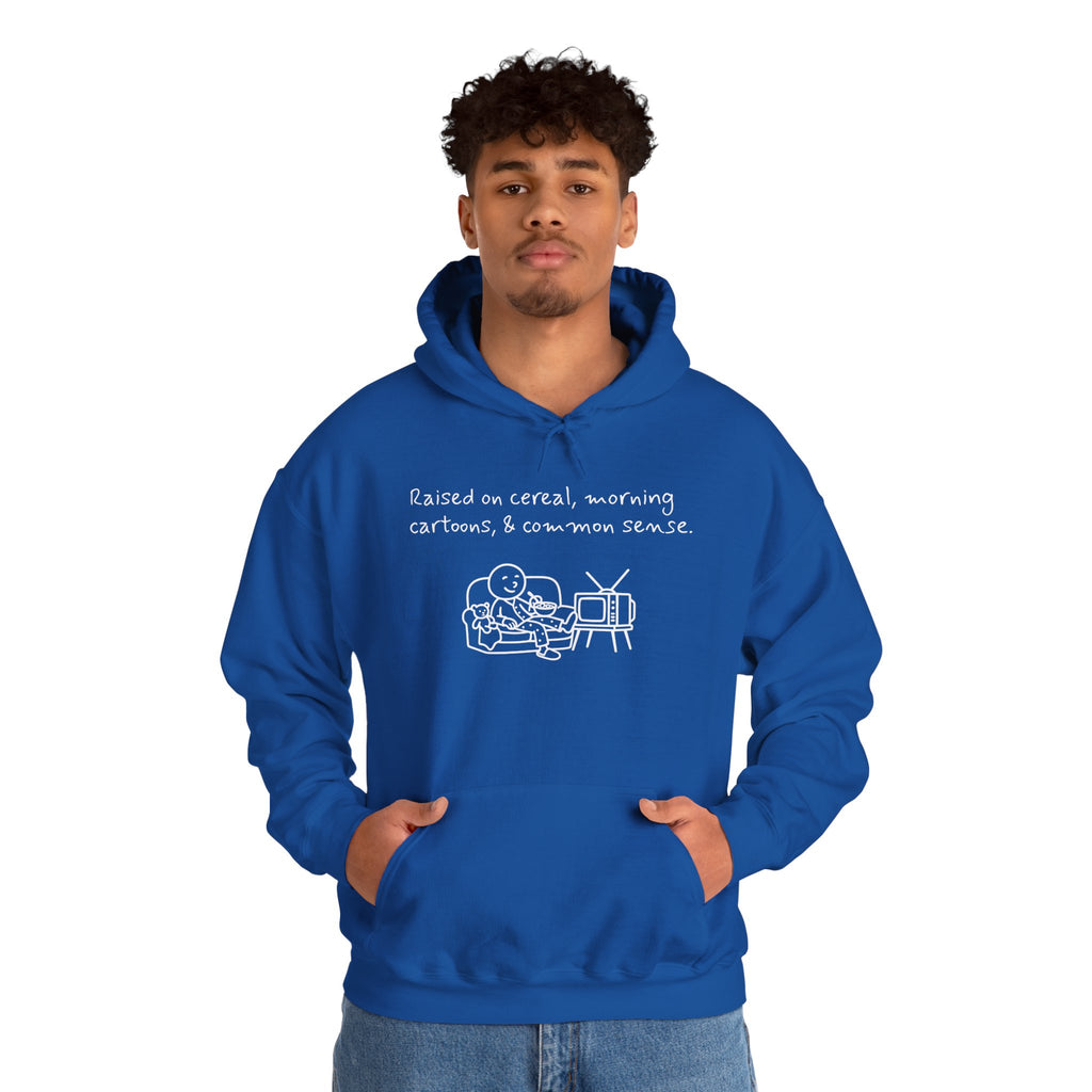 Cartoon & Caption Heavy Blend Hoodie - Raised on Cereal & Morning Cartoons