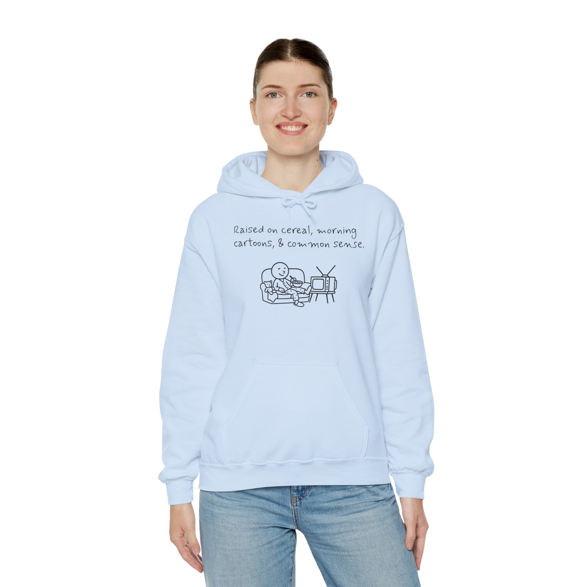 Cartoon & Caption Heavy Blend Hoodie - Raised on Cereal & Morning Cartoons