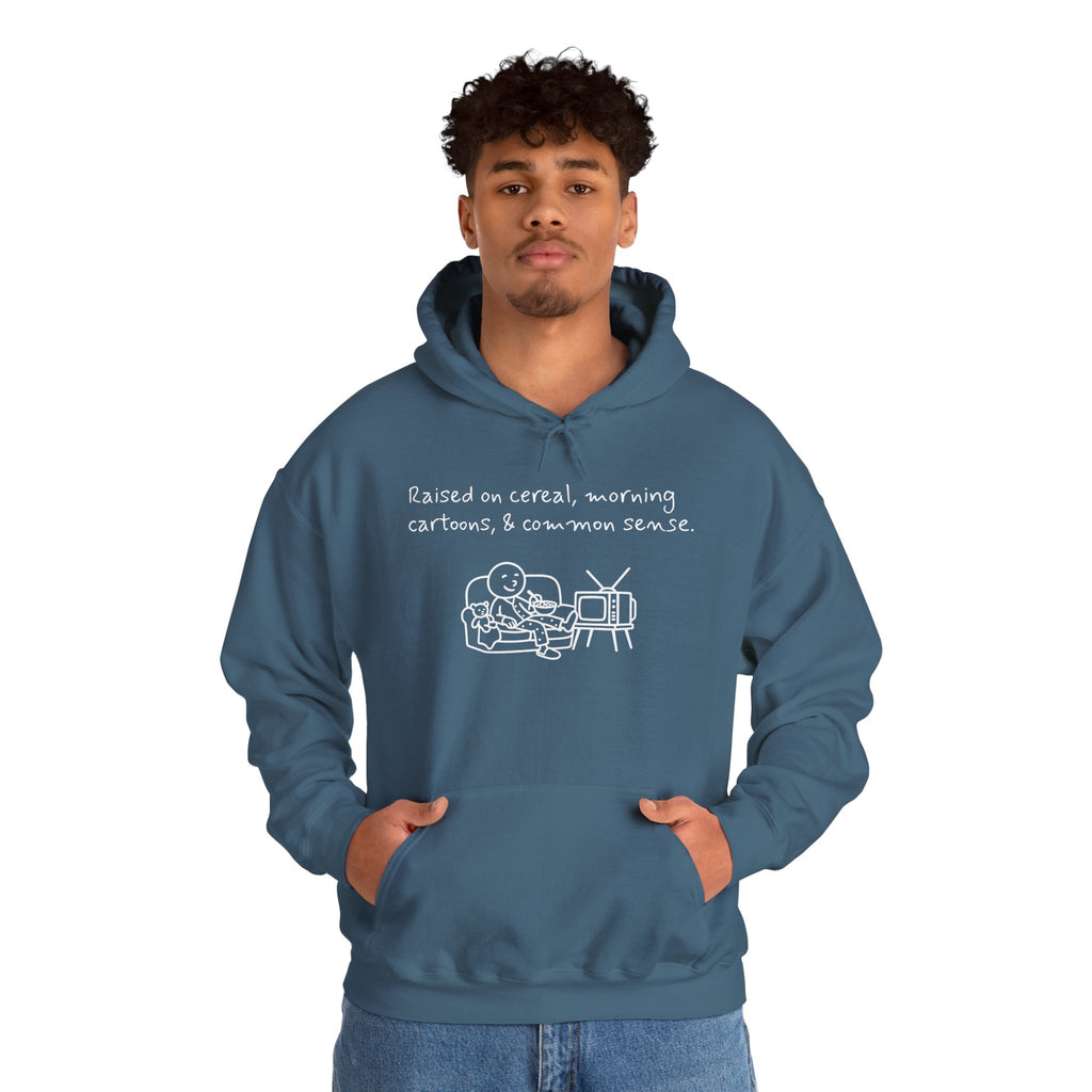 Cartoon & Caption Heavy Blend Hoodie - Raised on Cereal & Morning Cartoons