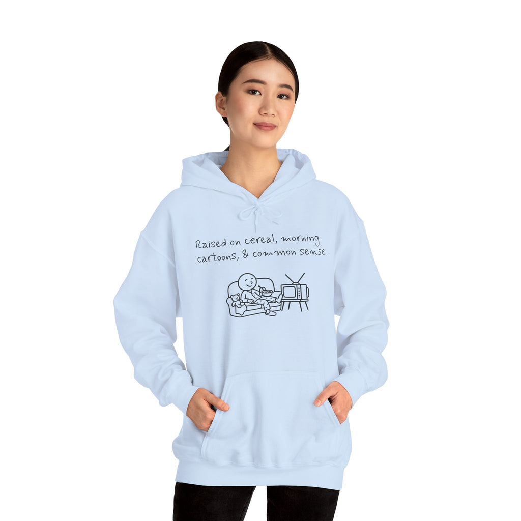 Cartoon & Caption Heavy Blend Hoodie - Raised on Cereal & Morning Cartoons