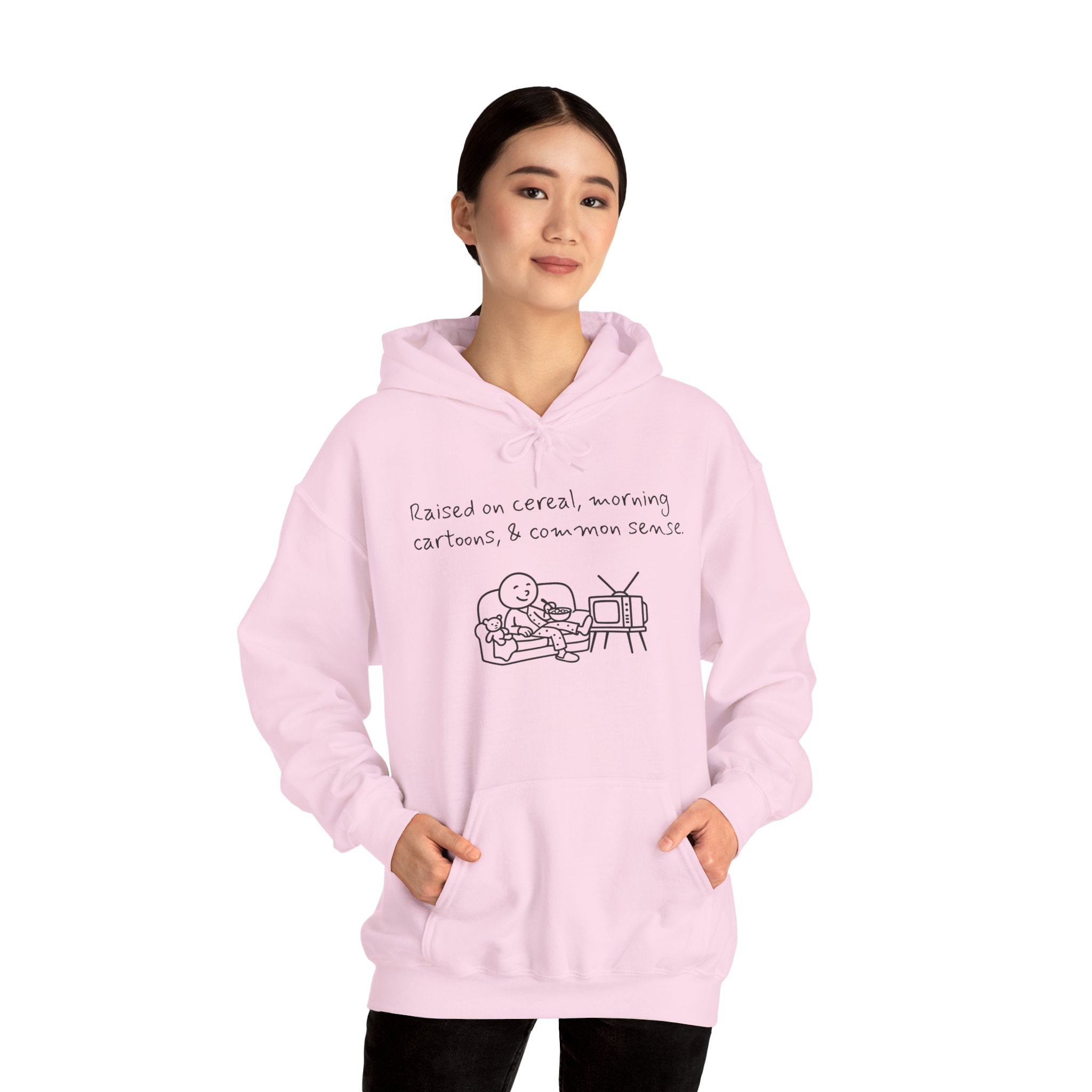 Cartoon & Caption Heavy Blend Hoodie - Raised on Cereal & Morning Cartoons