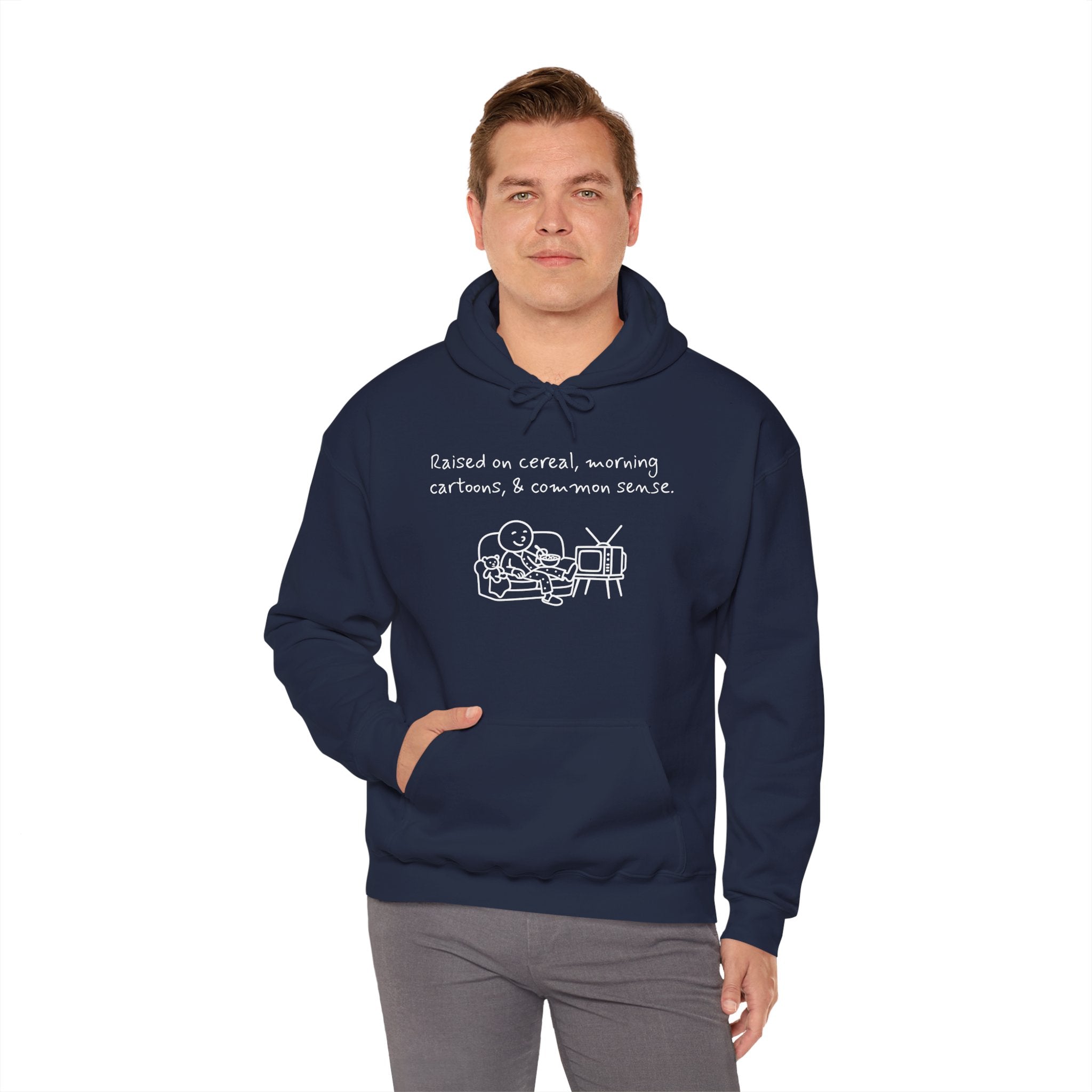 Cartoon & Caption Heavy Blend Hoodie - Raised on Cereal & Morning Cartoons