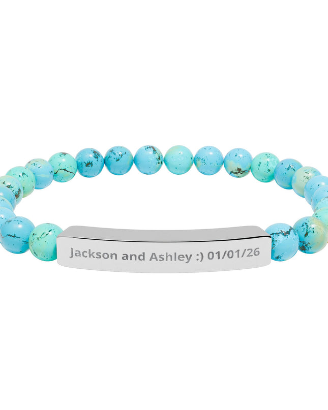 Engraved Natural Stone Stretch Bar Bracelet — Personalized Beaded Bracelet for Couples & Moms