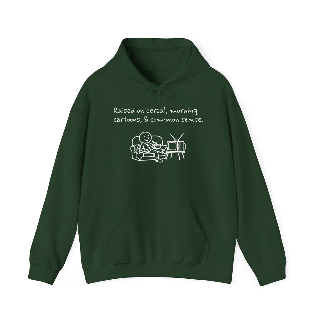 Cartoon & Caption Heavy Blend Hoodie - Raised on Cereal & Morning Cartoons