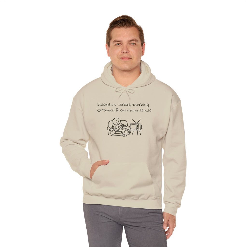 Cartoon & Caption Heavy Blend Hoodie - Raised on Cereal & Morning Cartoons