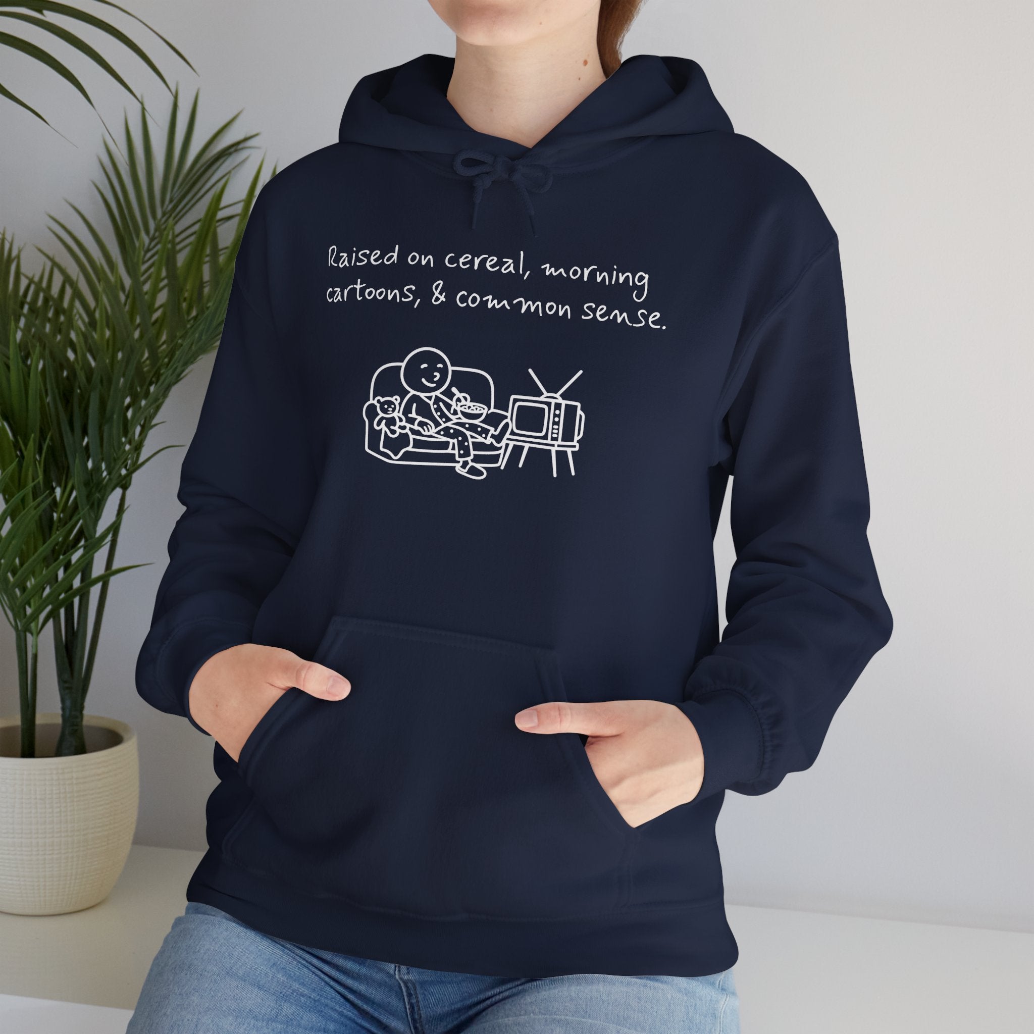 Cartoon & Caption Heavy Blend Hoodie - Raised on Cereal & Morning Cartoons