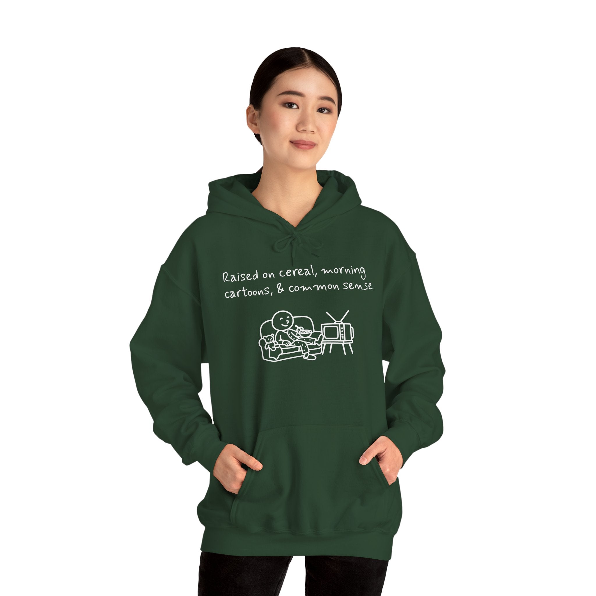 Cartoon & Caption Heavy Blend Hoodie - Raised on Cereal & Morning Cartoons