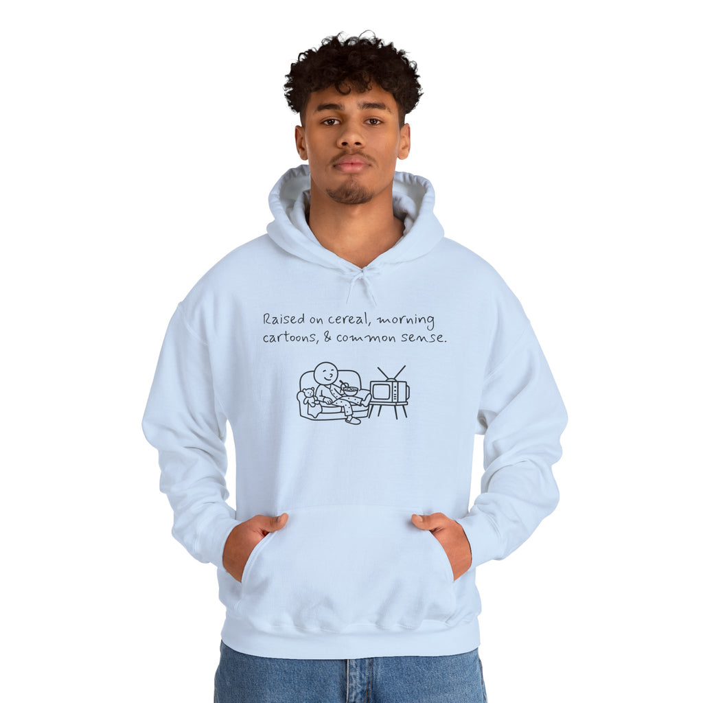Cartoon & Caption Heavy Blend Hoodie - Raised on Cereal & Morning Cartoons