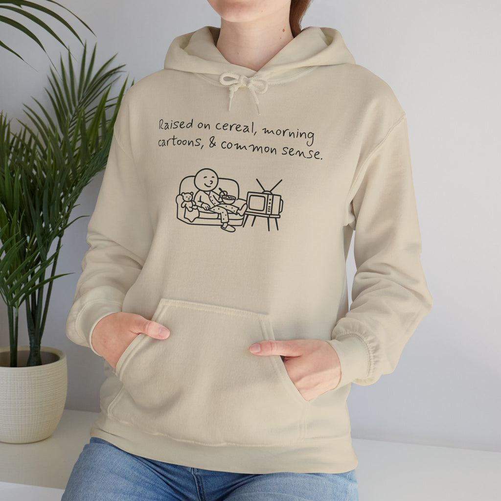 Cartoon & Caption Heavy Blend Hoodie - Raised on Cereal & Morning Cartoons