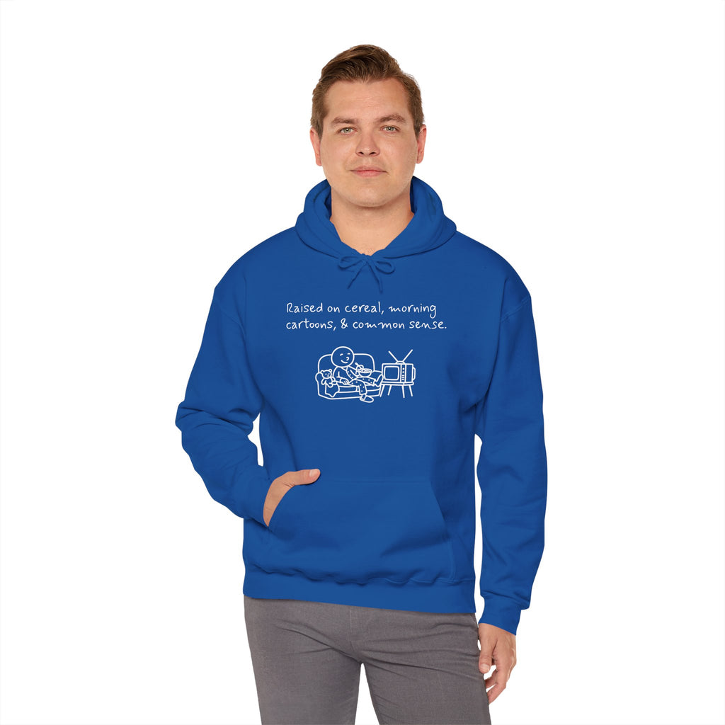Cartoon & Caption Heavy Blend Hoodie - Raised on Cereal & Morning Cartoons