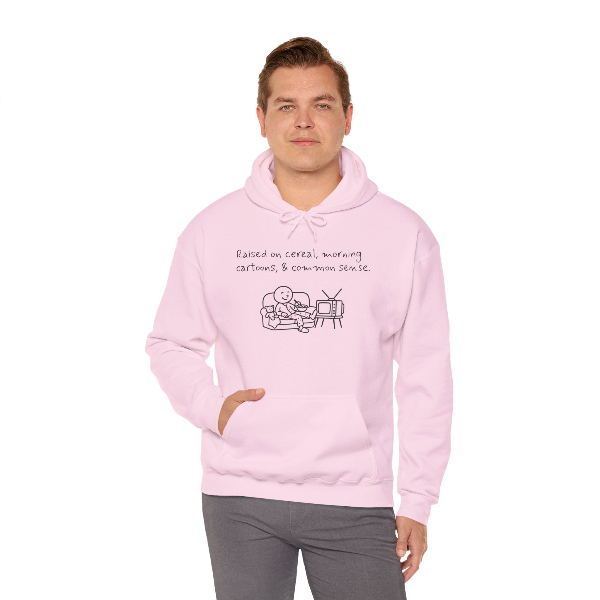 Cartoon & Caption Heavy Blend Hoodie - Raised on Cereal & Morning Cartoons