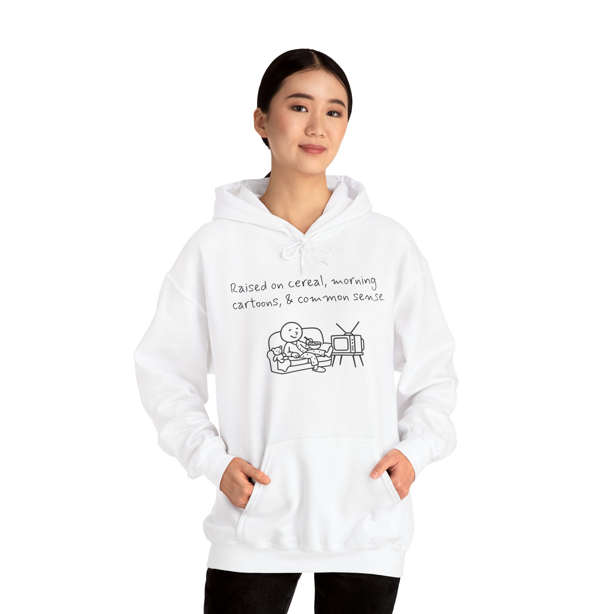 Cartoon & Caption Heavy Blend Hoodie - Raised on Cereal & Morning Cartoons