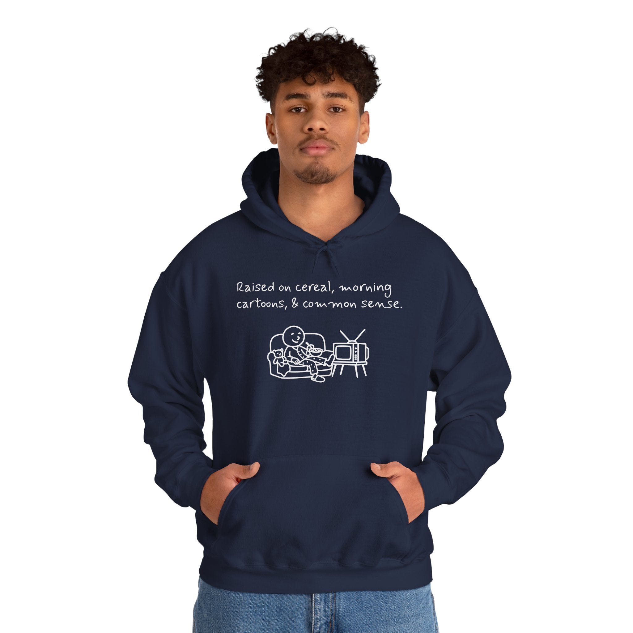 Cartoon & Caption Heavy Blend Hoodie - Raised on Cereal & Morning Cartoons