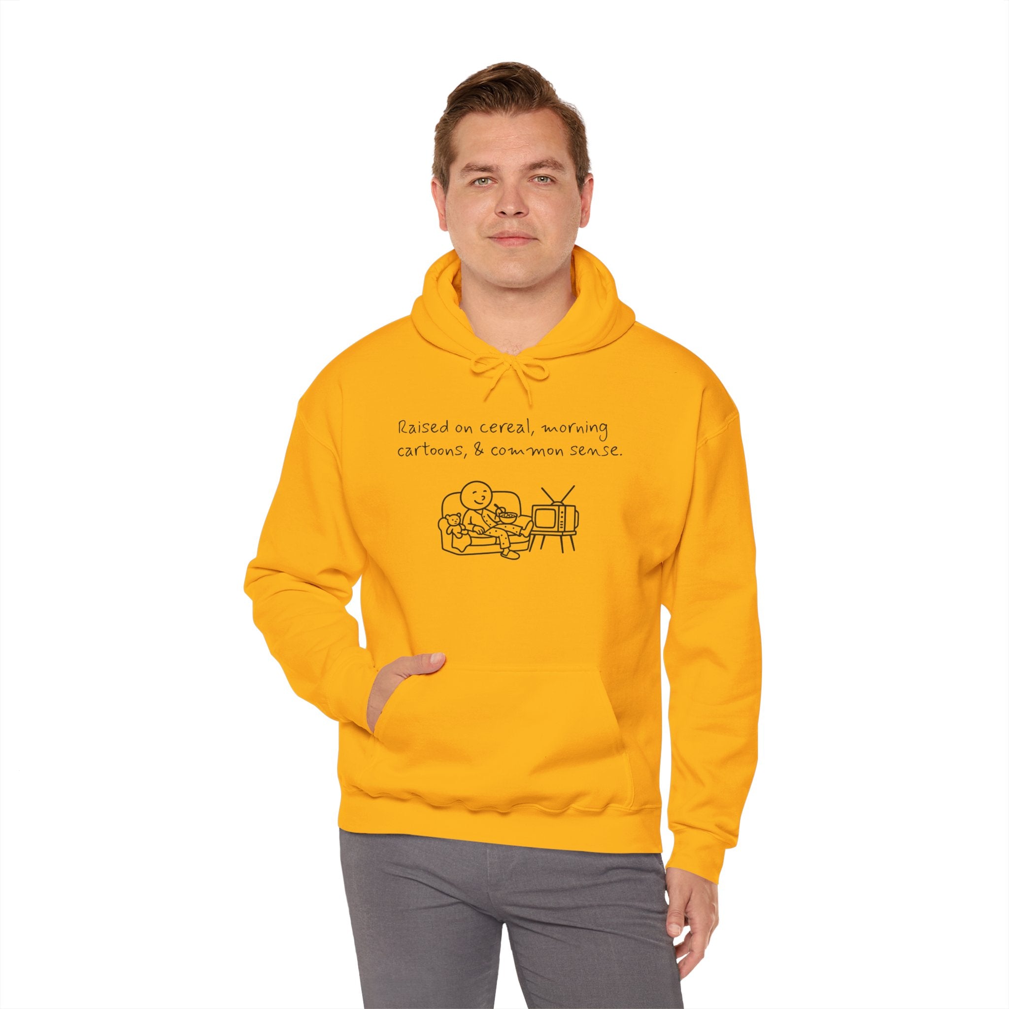 Cartoon & Caption Heavy Blend Hoodie - Raised on Cereal & Morning Cartoons