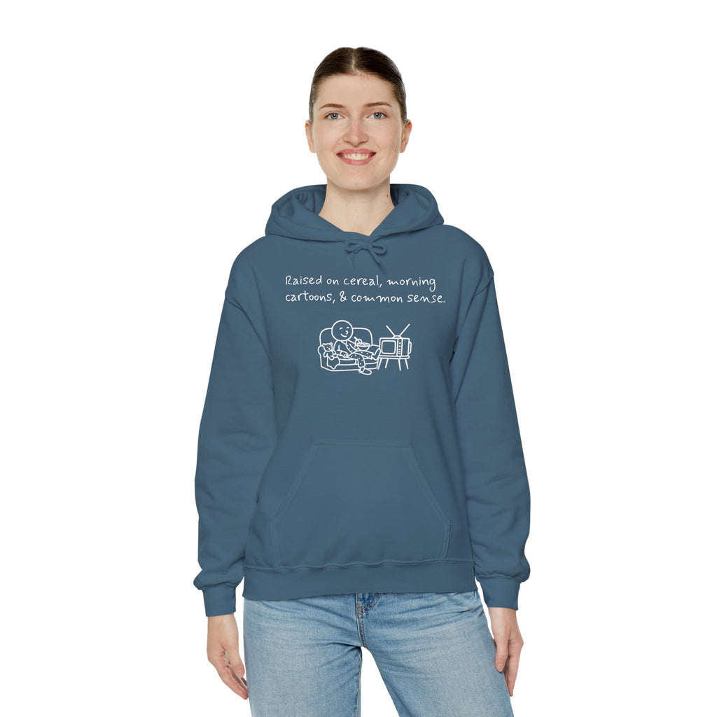 Cartoon & Caption Heavy Blend Hoodie - Raised on Cereal & Morning Cartoons