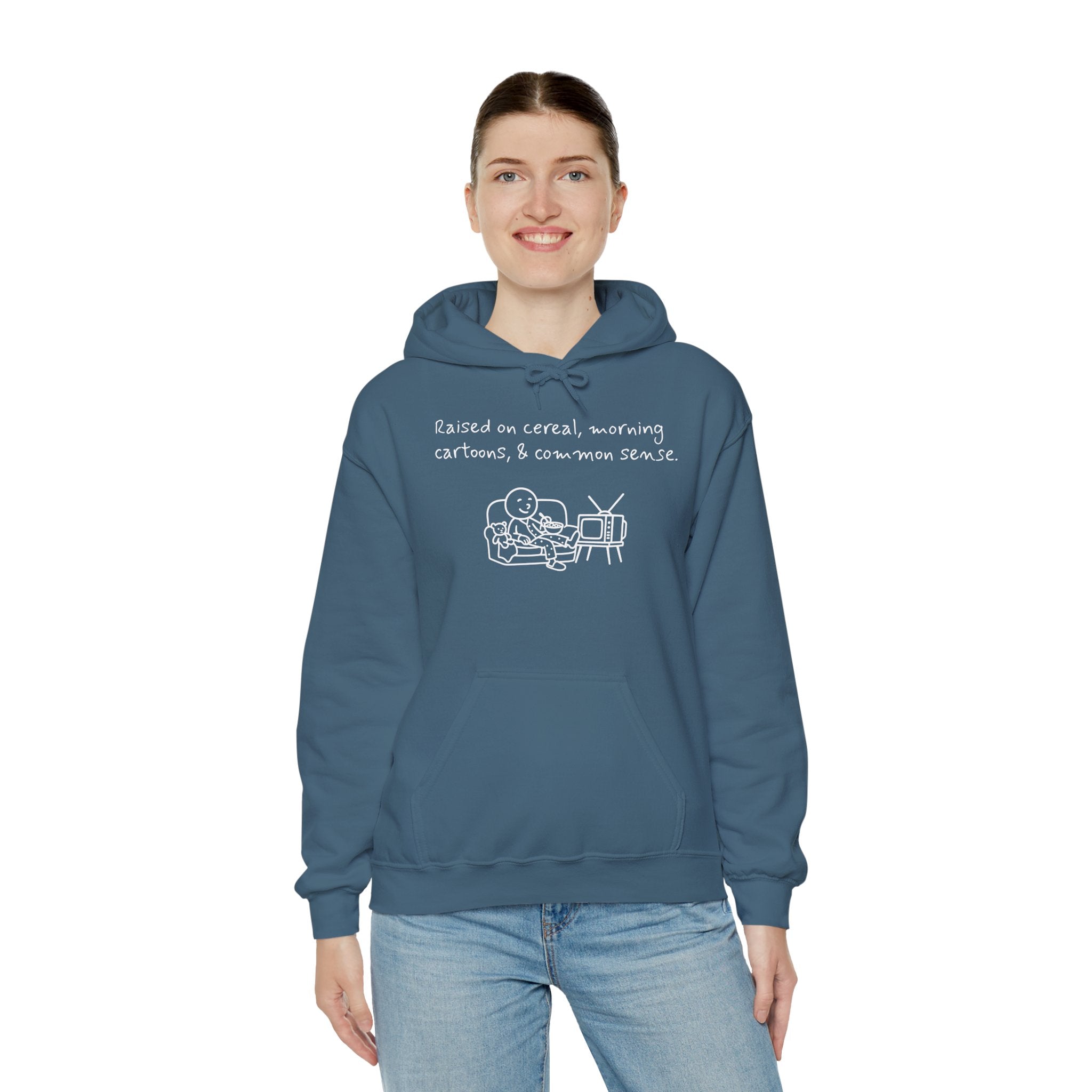Cartoon & Caption Heavy Blend Hoodie - Raised on Cereal & Morning Cartoons