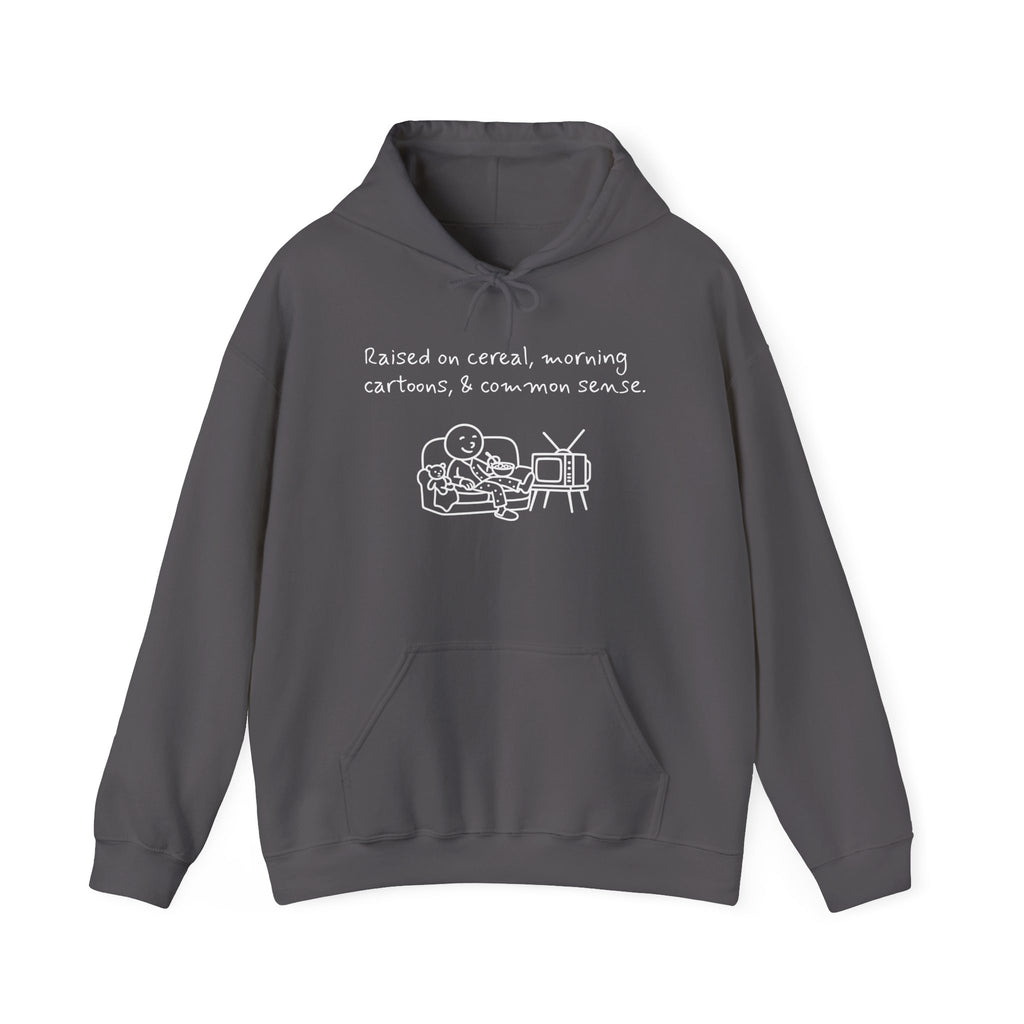 Cartoon & Caption Heavy Blend Hoodie - Raised on Cereal & Morning Cartoons