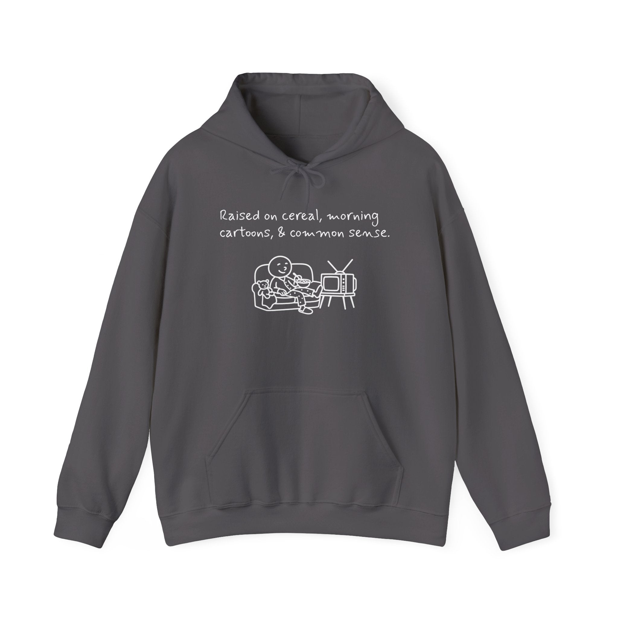 Cartoon & Caption Heavy Blend Hoodie - Raised on Cereal & Morning Cartoons