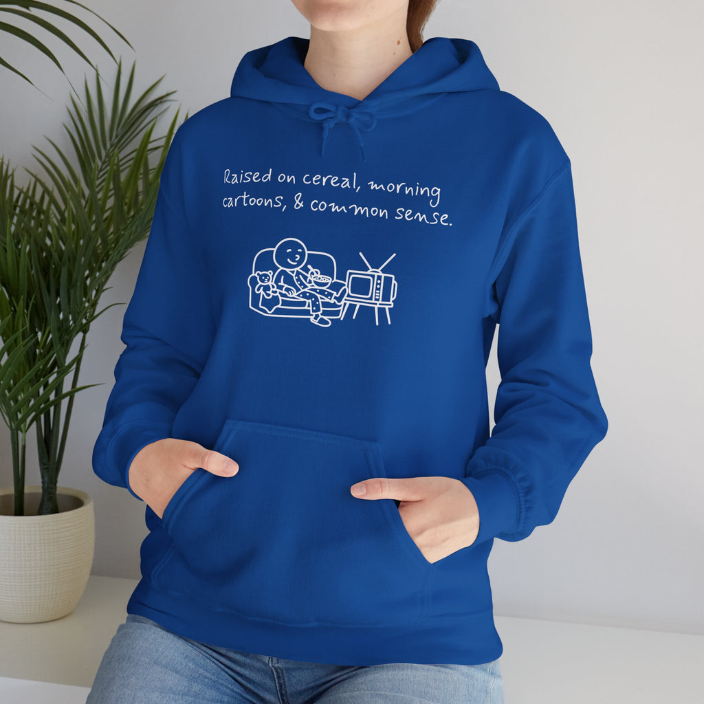 Cartoon & Caption Heavy Blend Hoodie - Raised on Cereal & Morning Cartoons