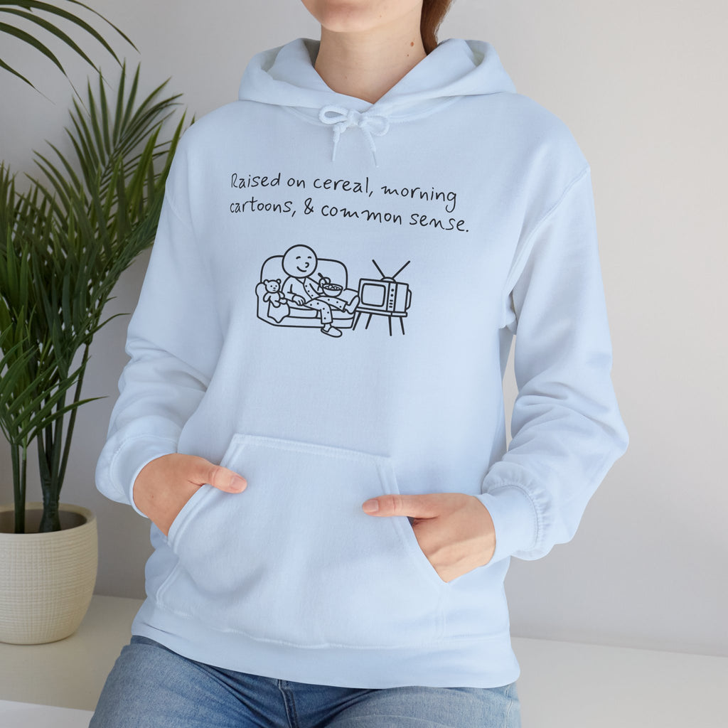 Cartoon & Caption Heavy Blend Hoodie - Raised on Cereal & Morning Cartoons