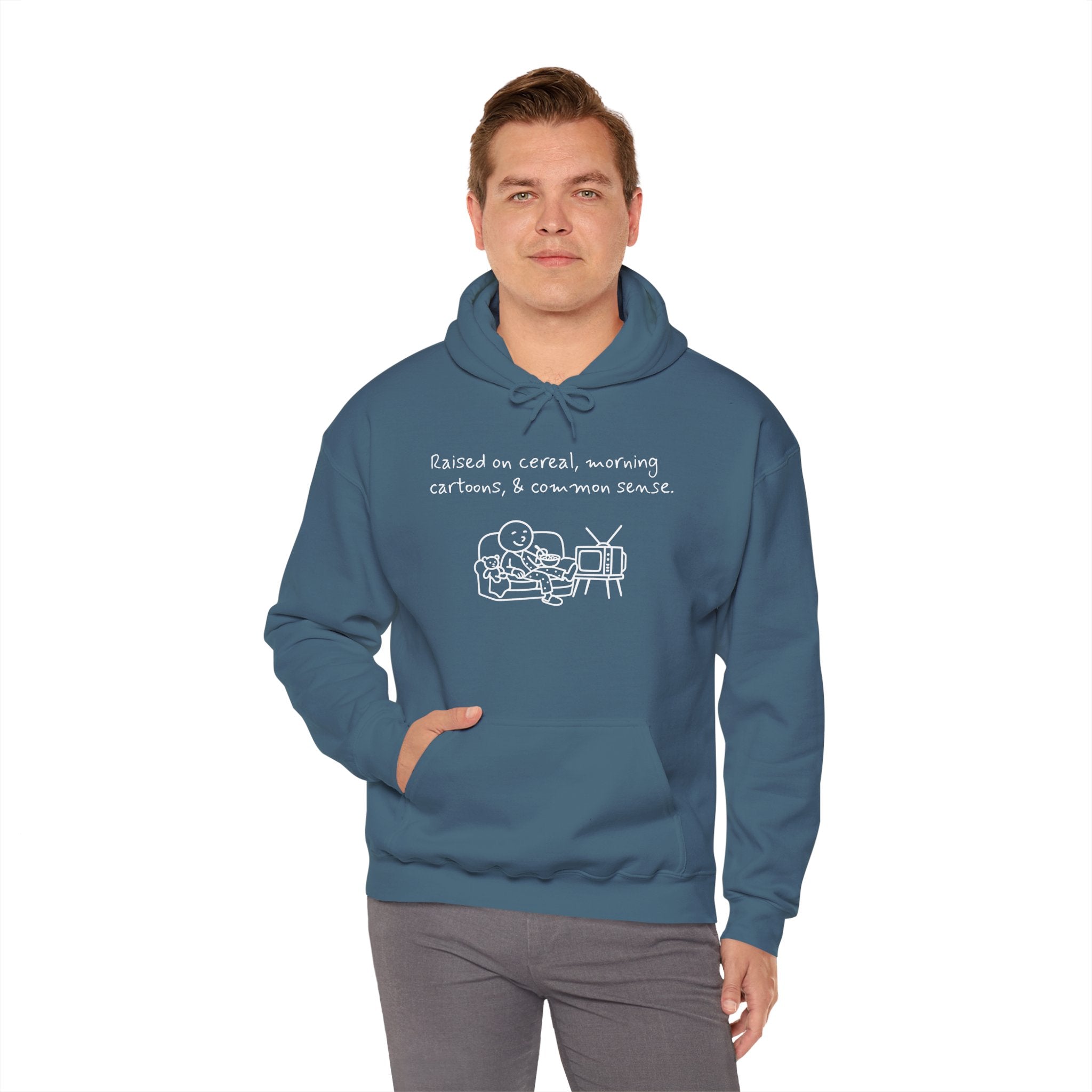 Cartoon & Caption Heavy Blend Hoodie - Raised on Cereal & Morning Cartoons
