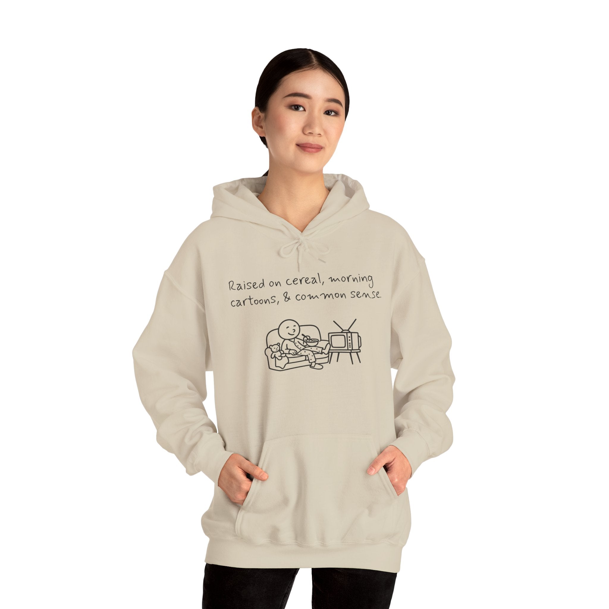 Cartoon & Caption Heavy Blend Hoodie - Raised on Cereal & Morning Cartoons