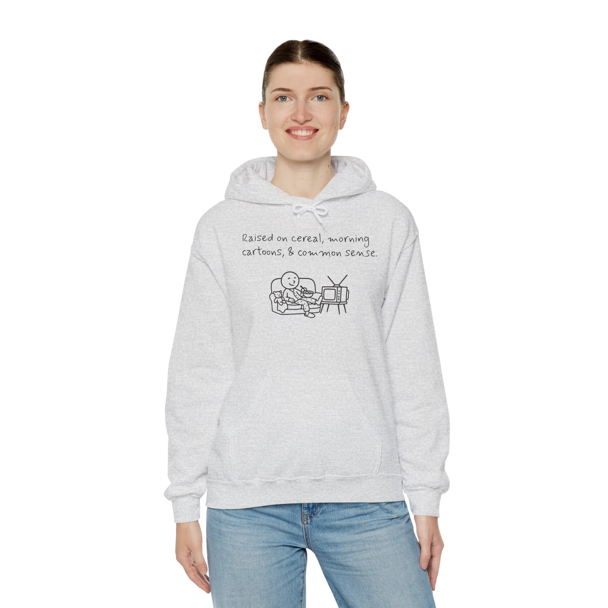 Cartoon & Caption Heavy Blend Hoodie - Raised on Cereal & Morning Cartoons