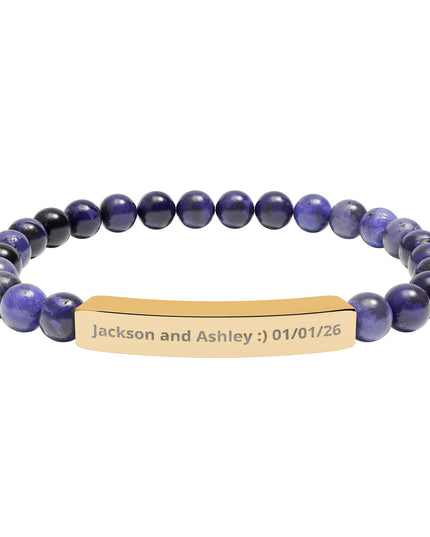 Engraved Natural Stone Stretch Bar Bracelet — Personalized Beaded Bracelet for Couples & Moms