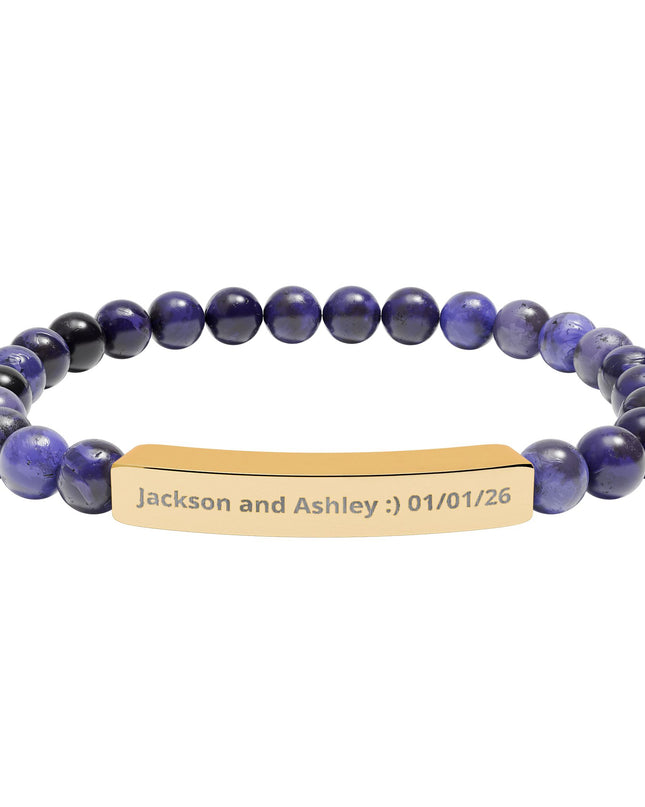 Engraved Natural Stone Stretch Bar Bracelet — Personalized Beaded Bracelet for Couples & Moms