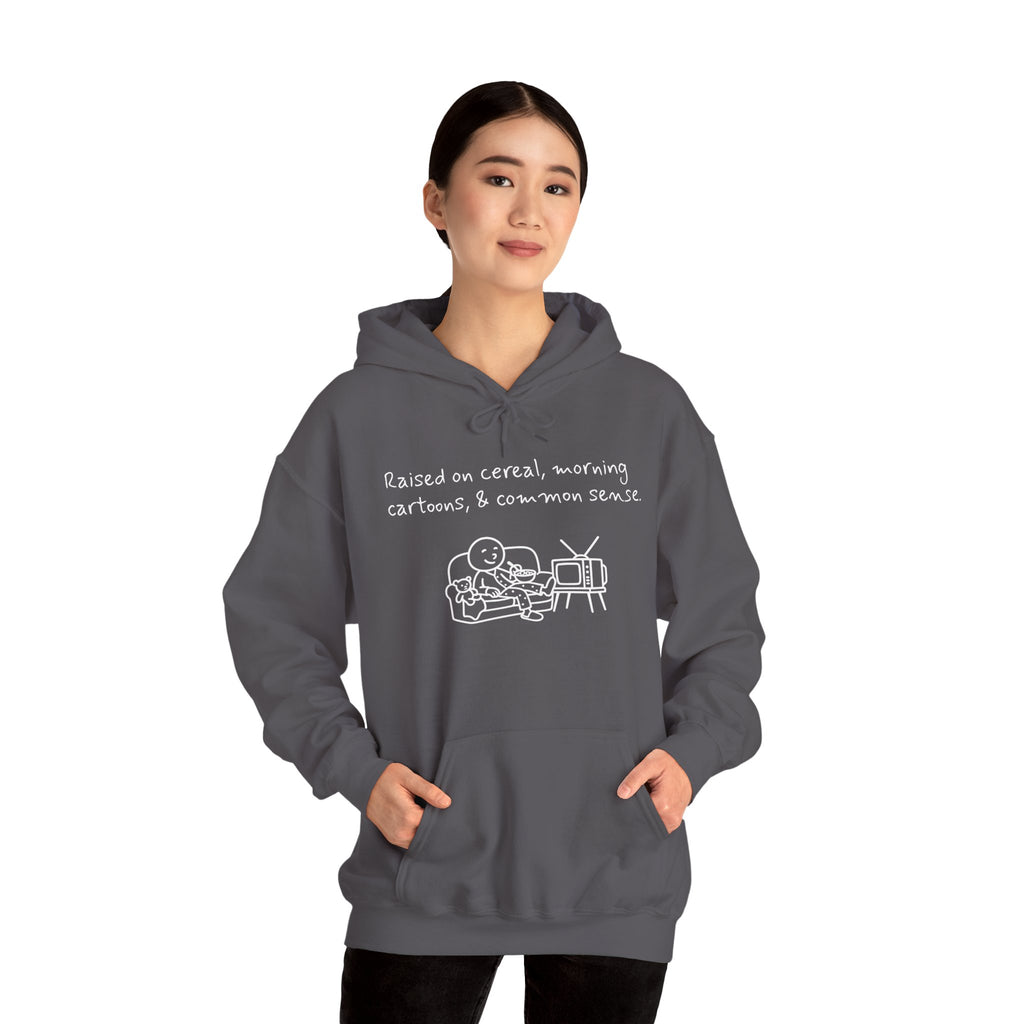 Cartoon & Caption Heavy Blend Hoodie - Raised on Cereal & Morning Cartoons