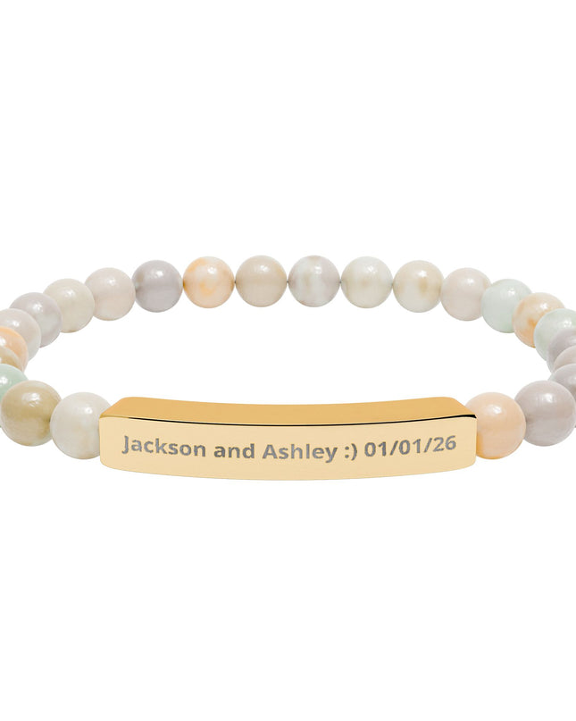 Engraved Natural Stone Stretch Bar Bracelet — Personalized Beaded Bracelet for Couples & Moms