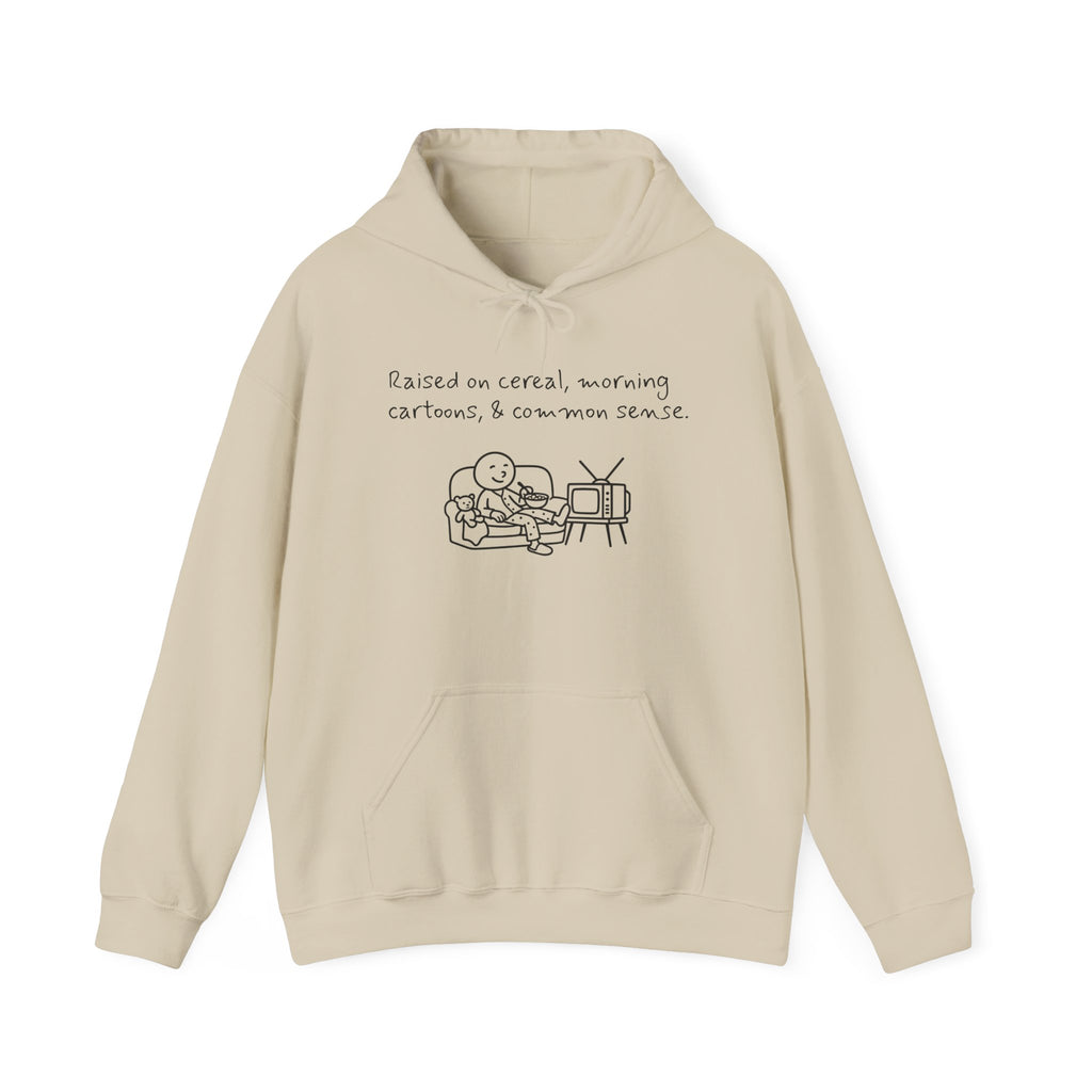 Cartoon & Caption Heavy Blend Hoodie - Raised on Cereal & Morning Cartoons