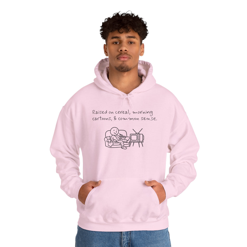 Cartoon & Caption Heavy Blend Hoodie - Raised on Cereal & Morning Cartoons