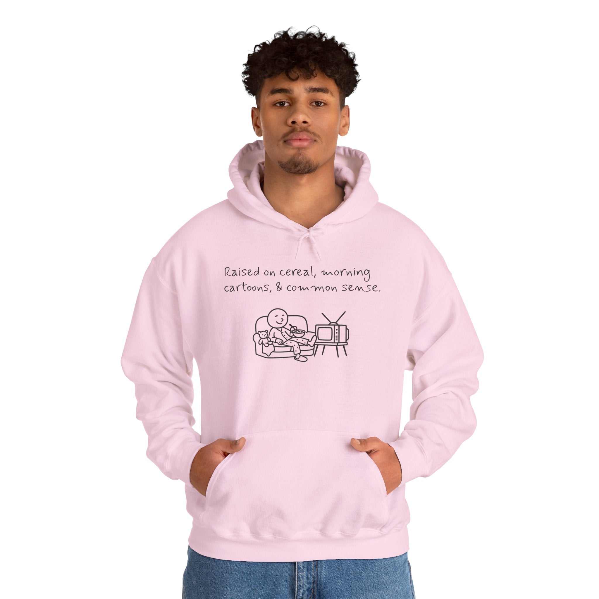 Cartoon & Caption Heavy Blend Hoodie - Raised on Cereal & Morning Cartoons