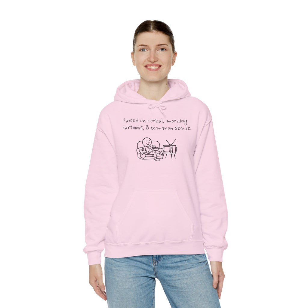Cartoon & Caption Heavy Blend Hoodie - Raised on Cereal & Morning Cartoons