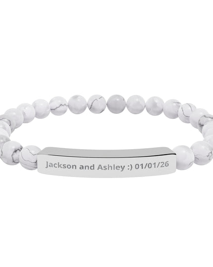 Engraved Natural Stone Stretch Bar Bracelet — Personalized Beaded Bracelet for Couples & Moms