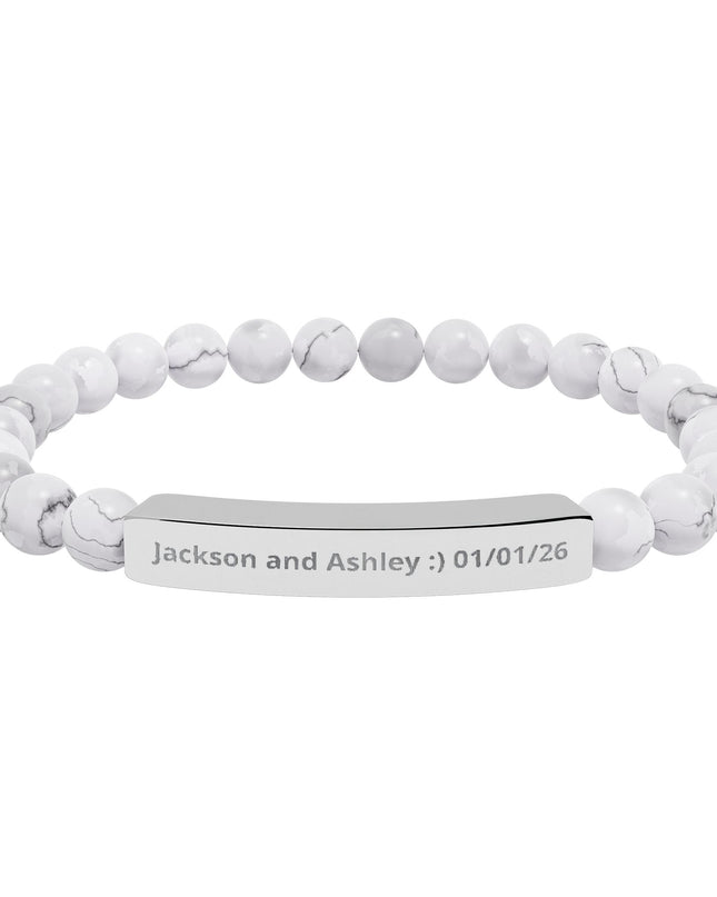 Engraved Natural Stone Stretch Bar Bracelet — Personalized Beaded Bracelet for Couples & Moms