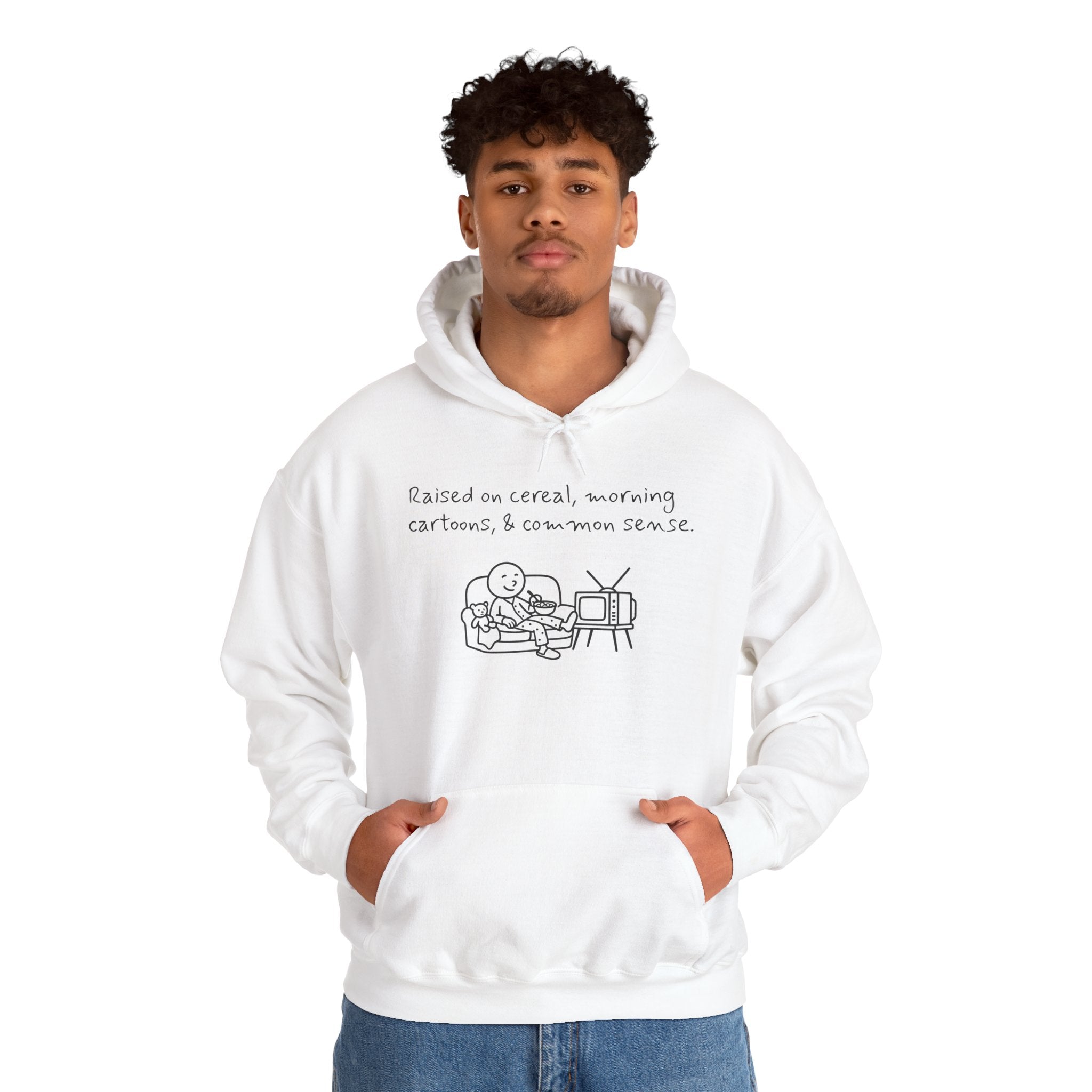 Cartoon & Caption Heavy Blend Hoodie - Raised on Cereal & Morning Cartoons