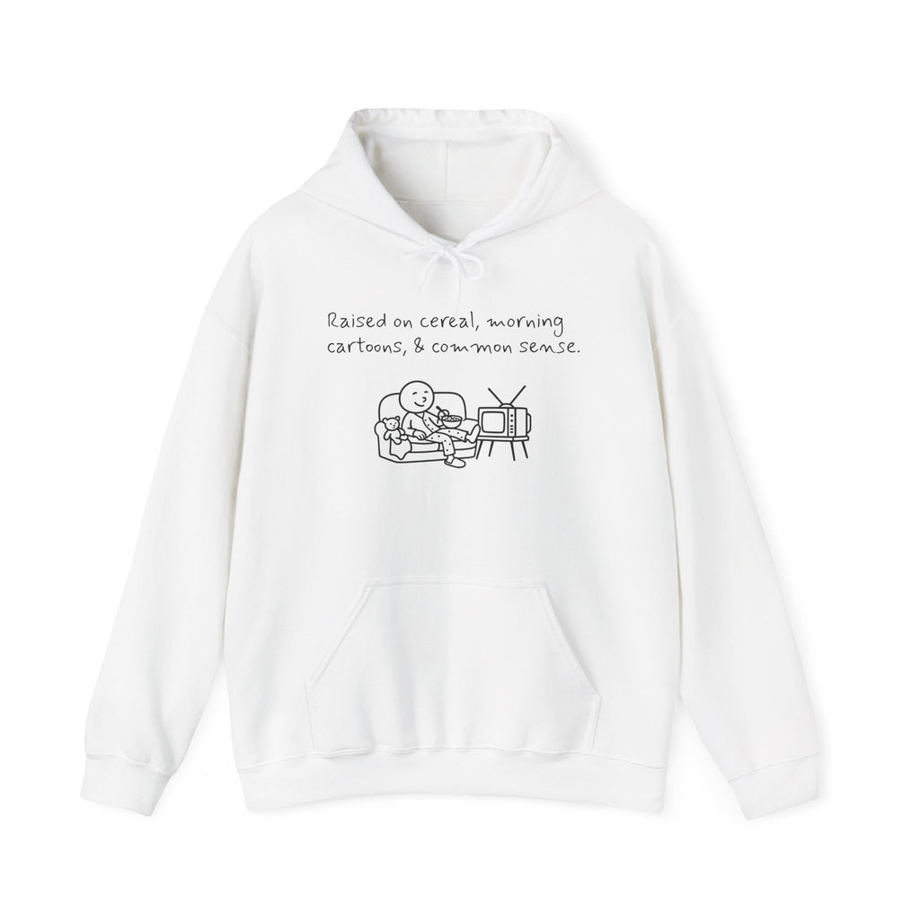 Cartoon & Caption Heavy Blend Hoodie - Raised on Cereal & Morning Cartoons