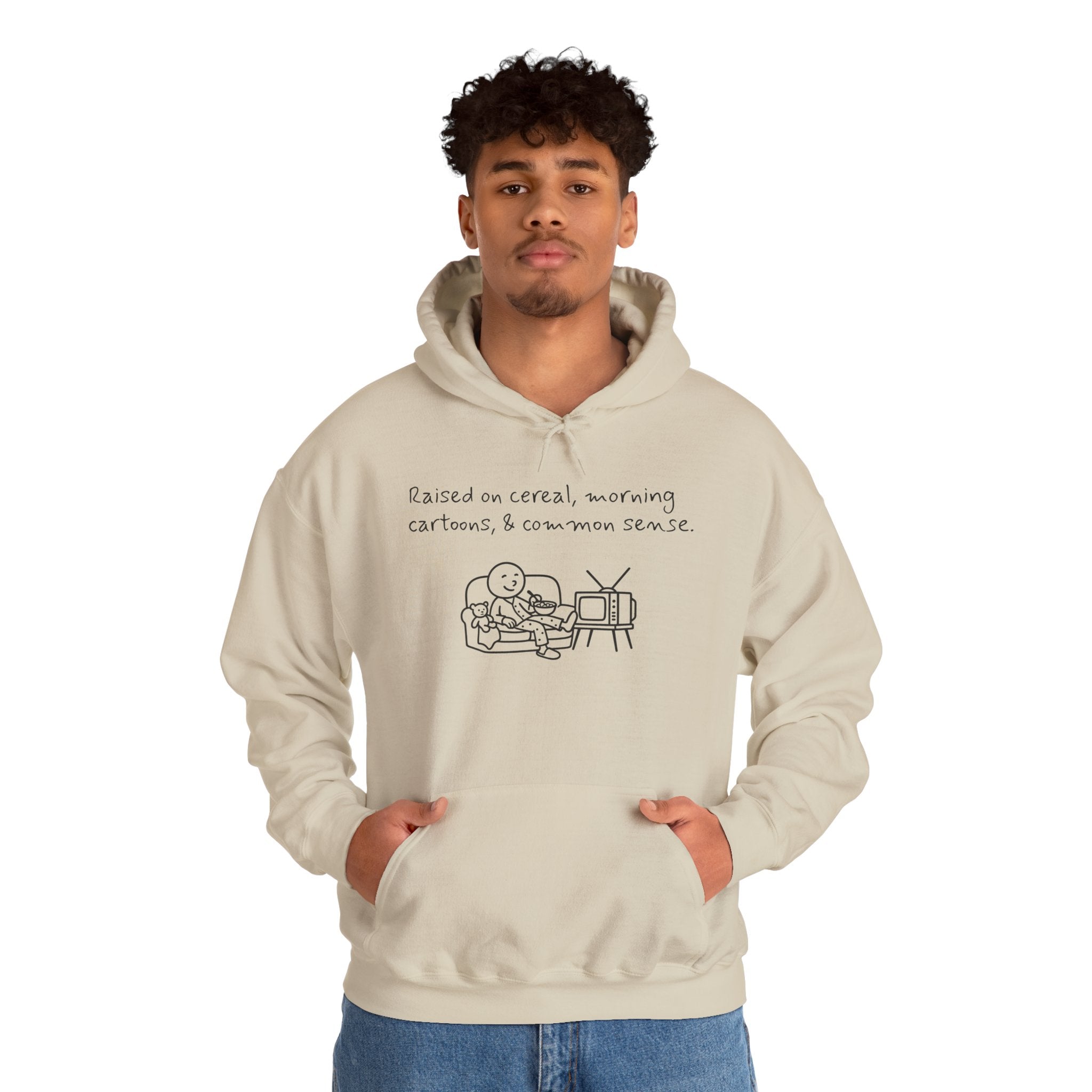 Cartoon & Caption Heavy Blend Hoodie - Raised on Cereal & Morning Cartoons