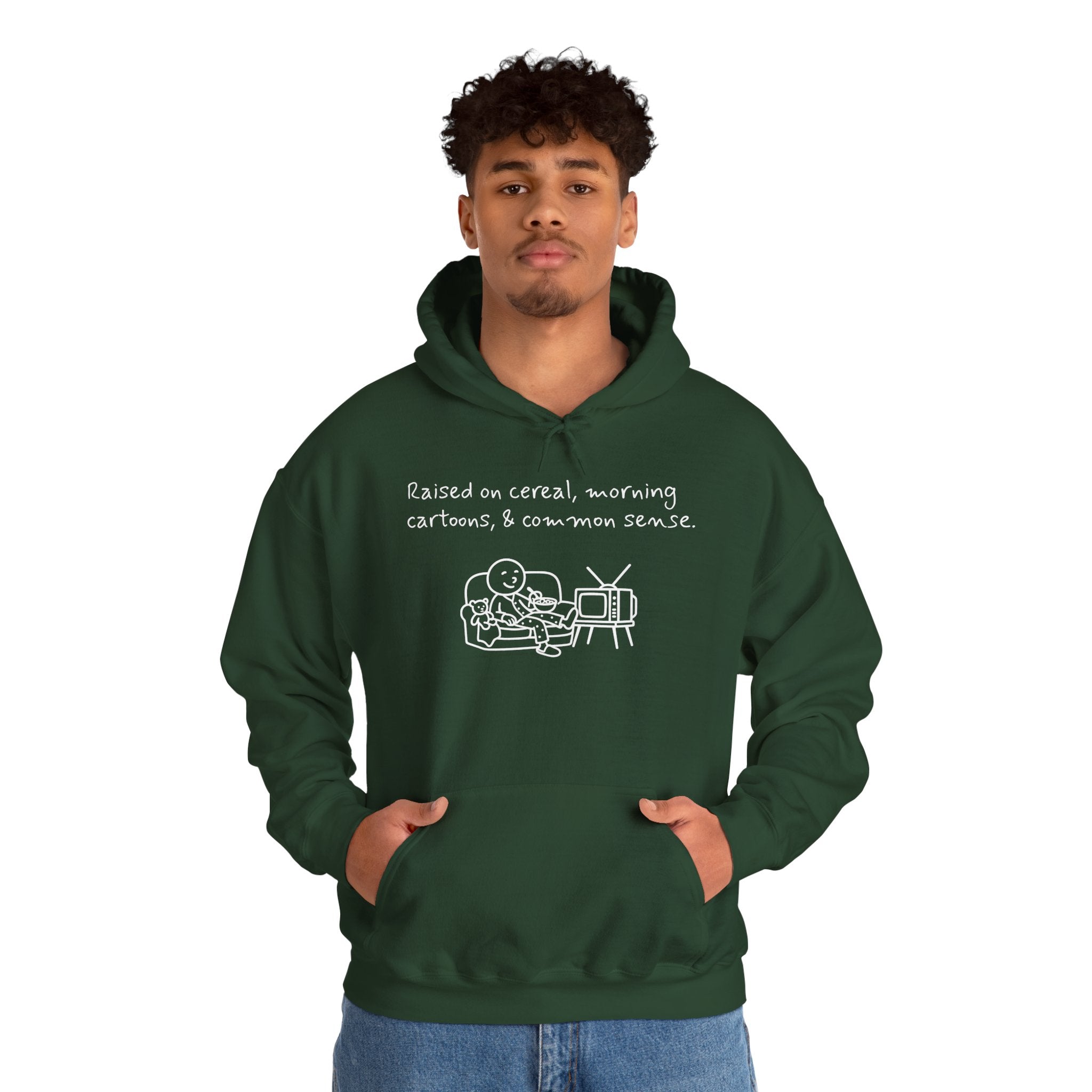 Cartoon & Caption Heavy Blend Hoodie - Raised on Cereal & Morning Cartoons
